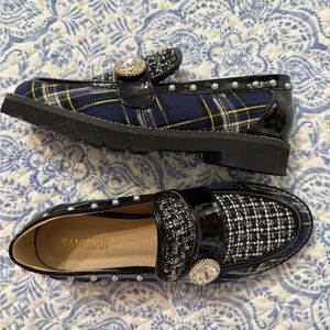 Plaid and Tweed Loafers with embellishment